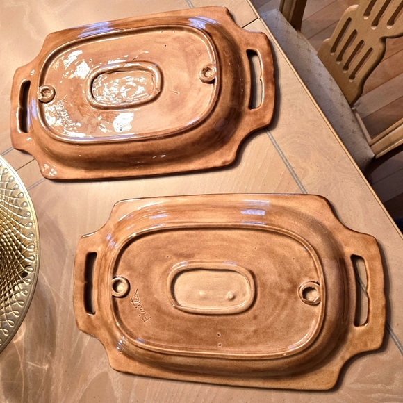 Pair of Handcrafted Brown Ceramic Serving Trays, Holiday - Picture 2 of 8